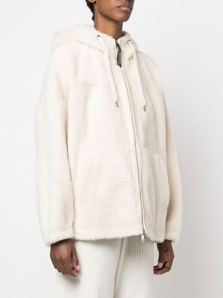 White Shearling Drawstring Hoodie