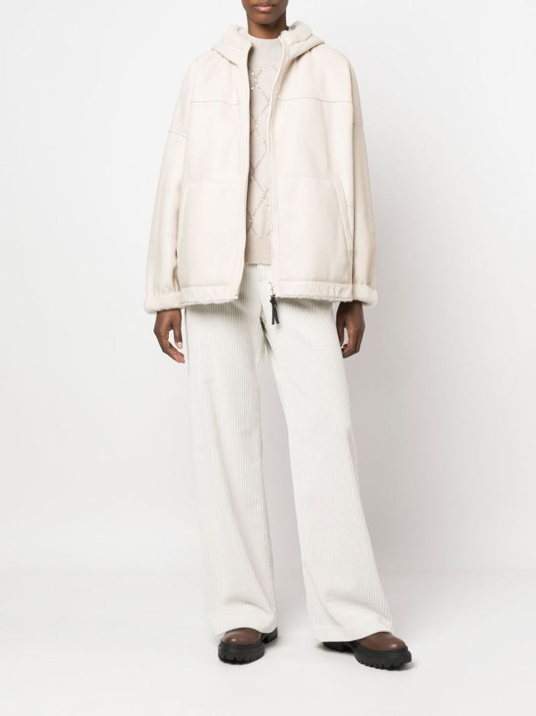 White Shearling Drawstring Hoodie