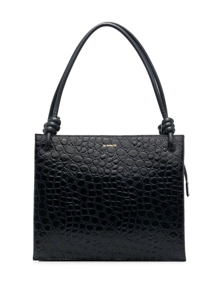 Blue Crocodile Embossed Leather Shoulder Bag