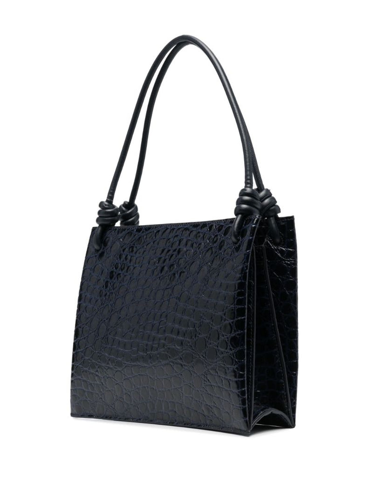 Blue Crocodile Embossed Leather Shoulder Bag