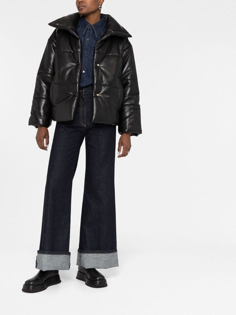 Black Hide Faux-leather Puffer Jacket