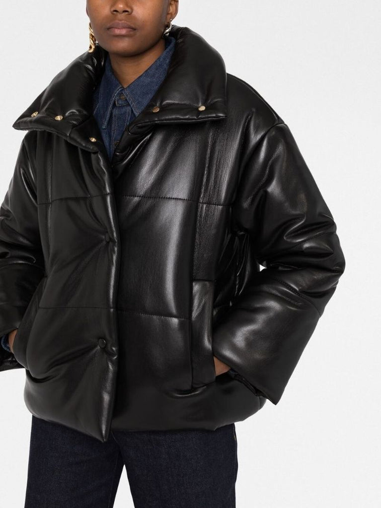 Black Hide Faux-leather Puffer Jacket