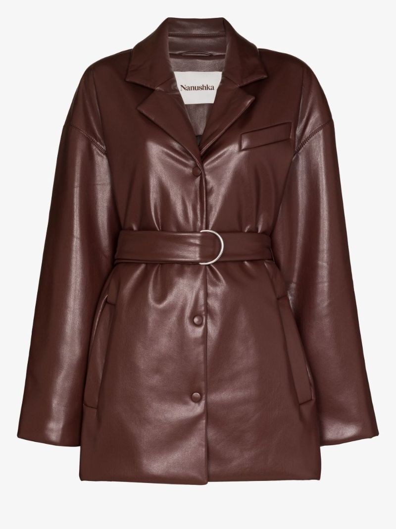 Brown Belted Faux Leather Blazer