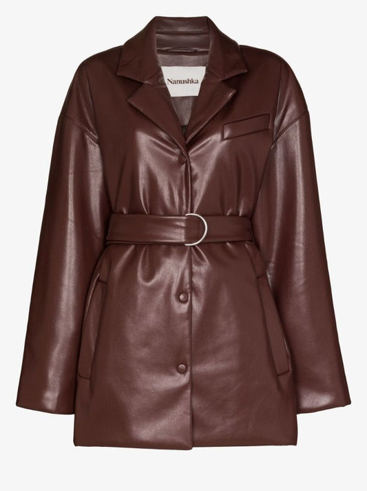 Brown Belted Faux Leather Blazer
