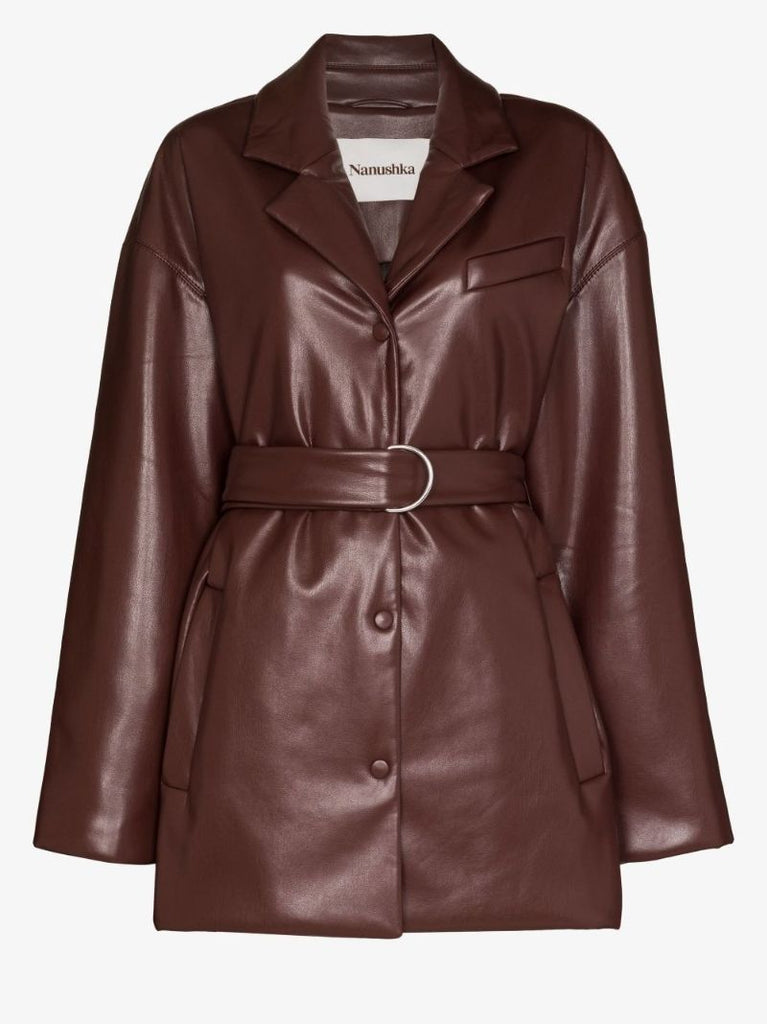 Brown Belted Faux Leather Blazer