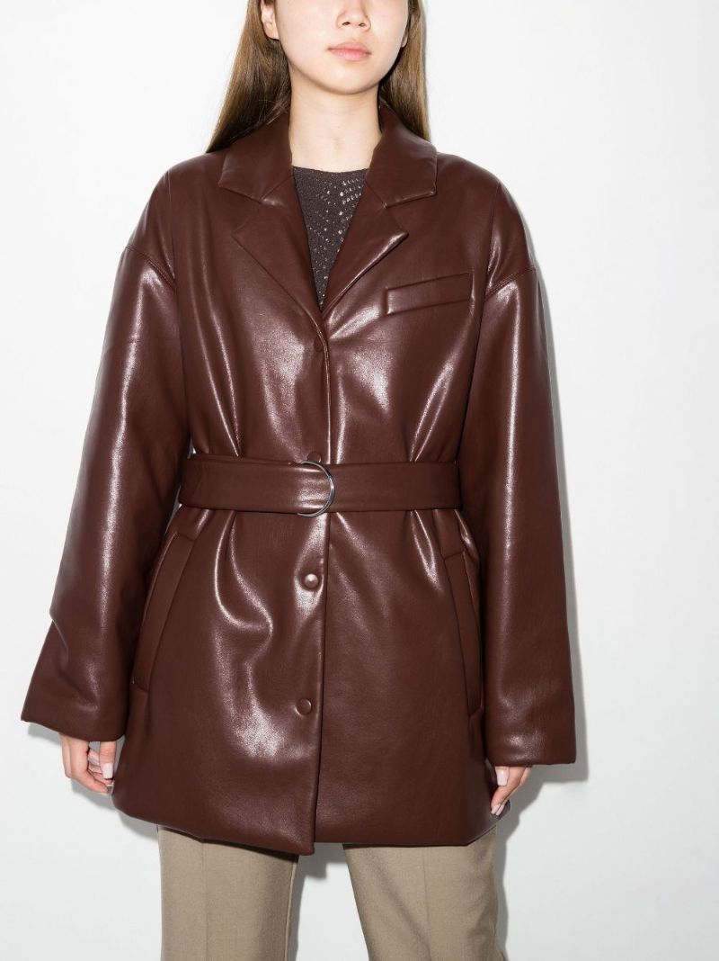 Brown Belted Faux Leather Blazer