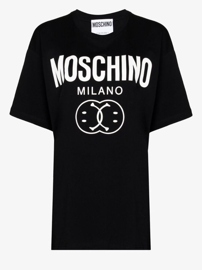 Black Double Smiley Logo Print Cotton T-shirt