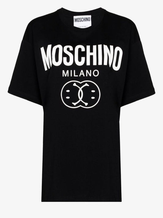 Black Double Smiley Logo Print Cotton T-shirt