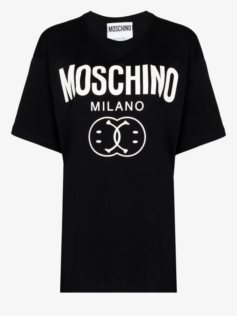 Black Double Smiley Logo Print Cotton T-shirt