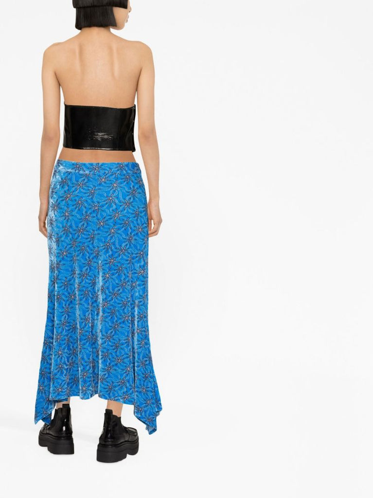 Blue Asymmetric Velvet Midi Skirt