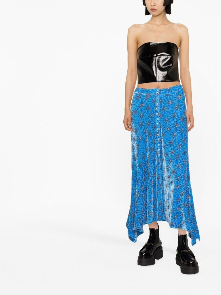 Blue Asymmetric Velvet Midi Skirt
