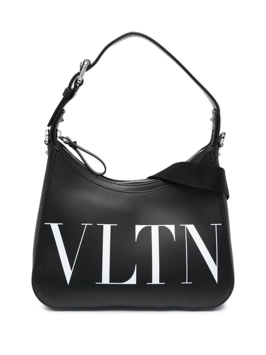 Black Vltn Small Leather Hobo Bag