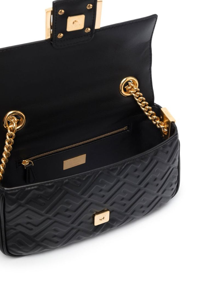 Black Baguette Chain Midi Leather Cross Body Bag