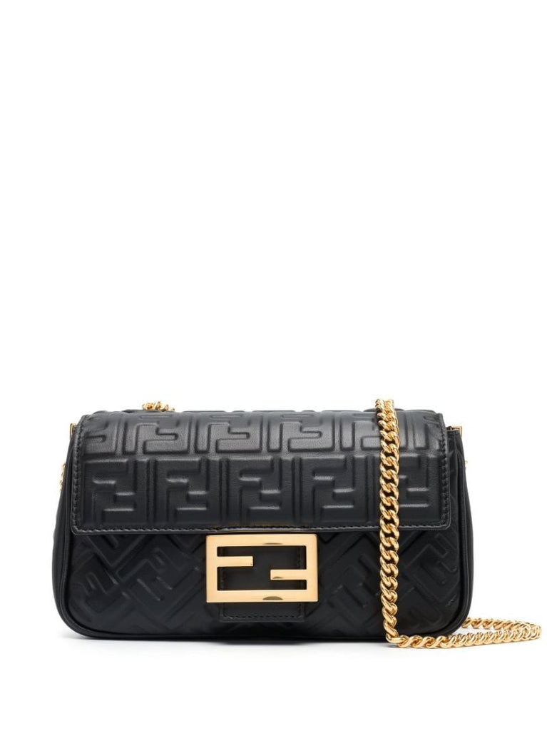 Black Baguette Chain Midi Leather Cross Body Bag