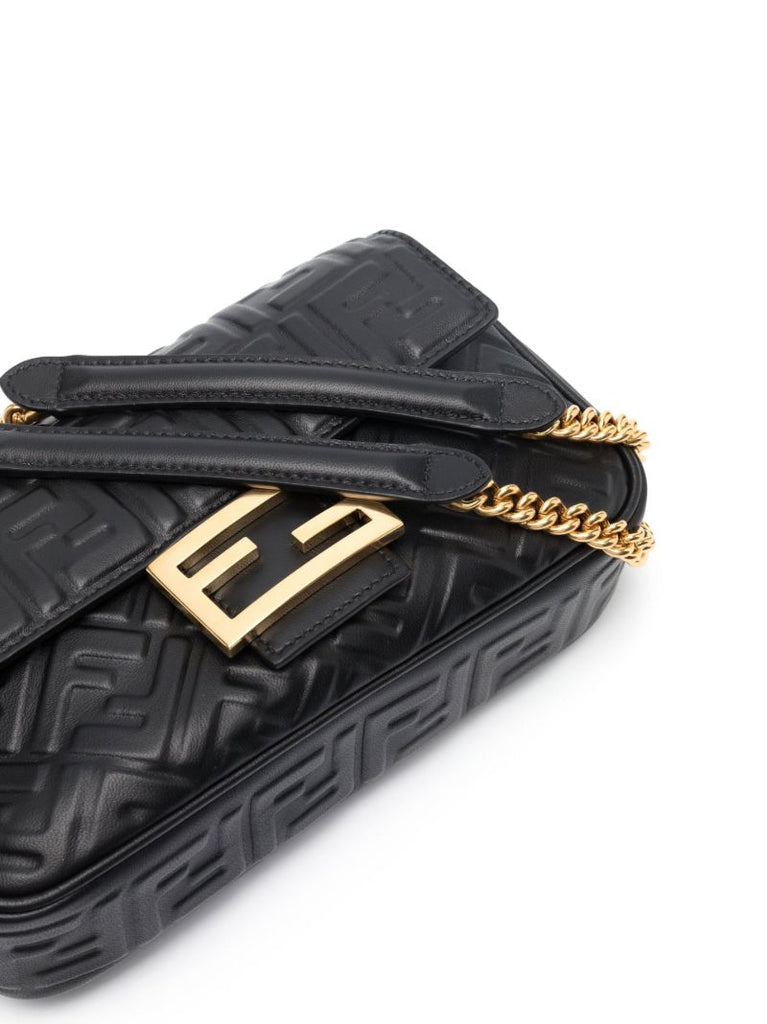 Black Baguette Chain Midi Leather Cross Body Bag