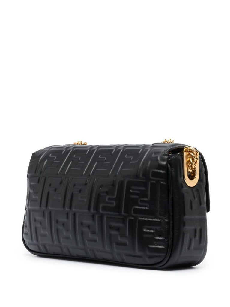 Black Baguette Chain Midi Leather Cross Body Bag