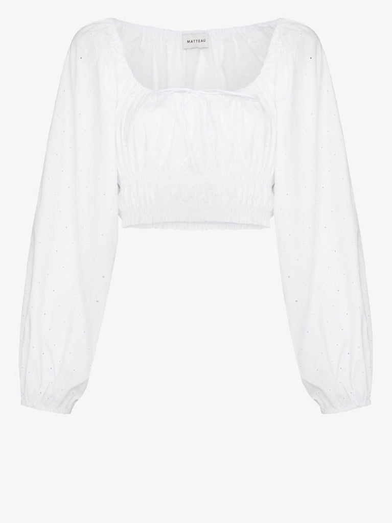White Embroidered Cropped Blouse
