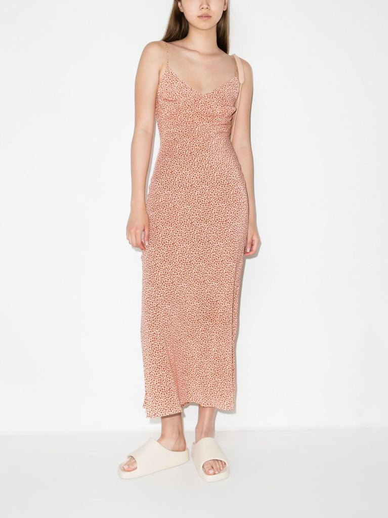 Neutral Starflower Print Silk Slip Dress