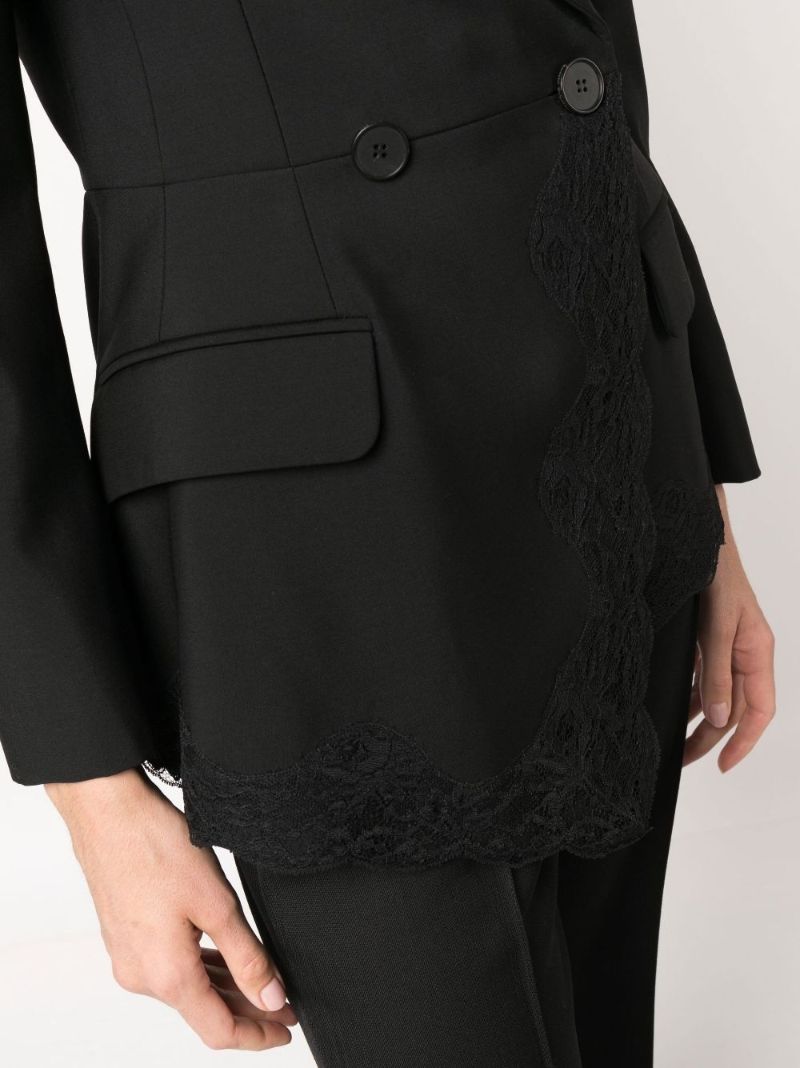 Black Double-breasted Lace Trim Wool Blazer