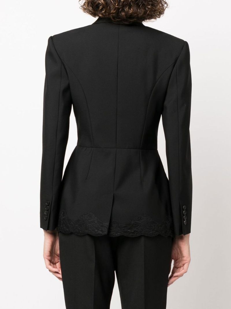 Black Double-breasted Lace Trim Wool Blazer