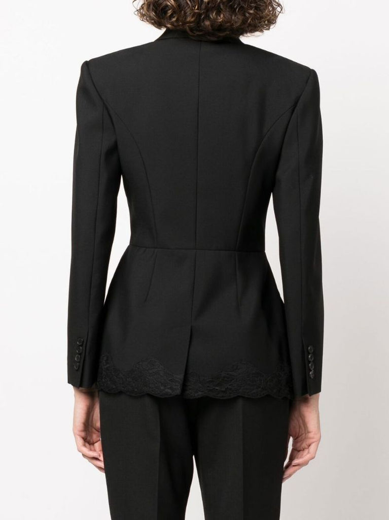 Black Double-breasted Lace Trim Wool Blazer