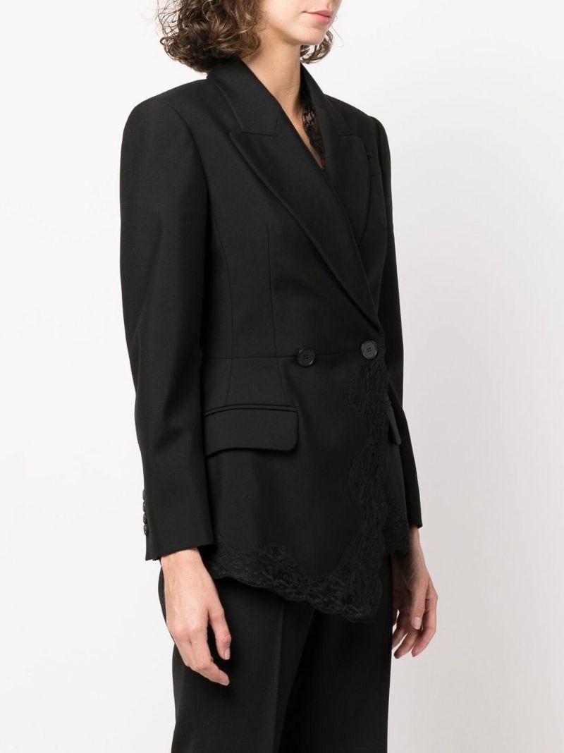 Black Double-breasted Lace Trim Wool Blazer