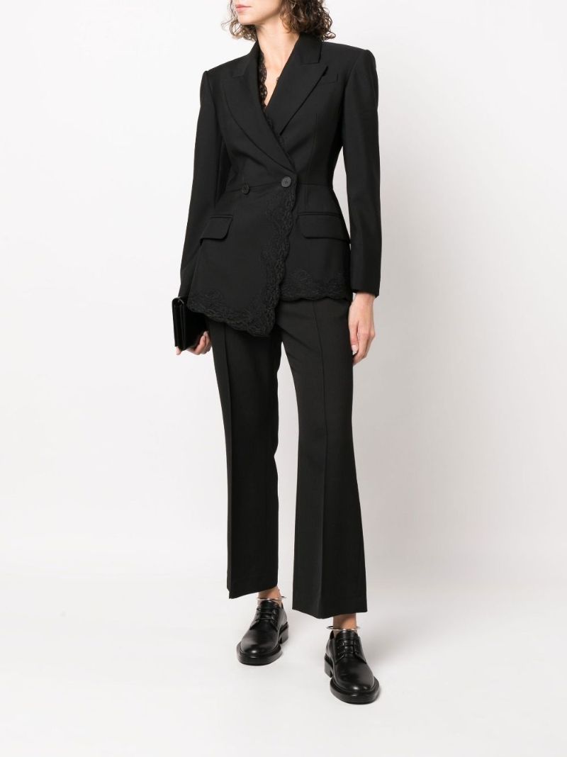 Black Double-breasted Lace Trim Wool Blazer