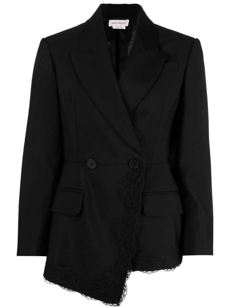 Black Double-breasted Lace Trim Wool Blazer