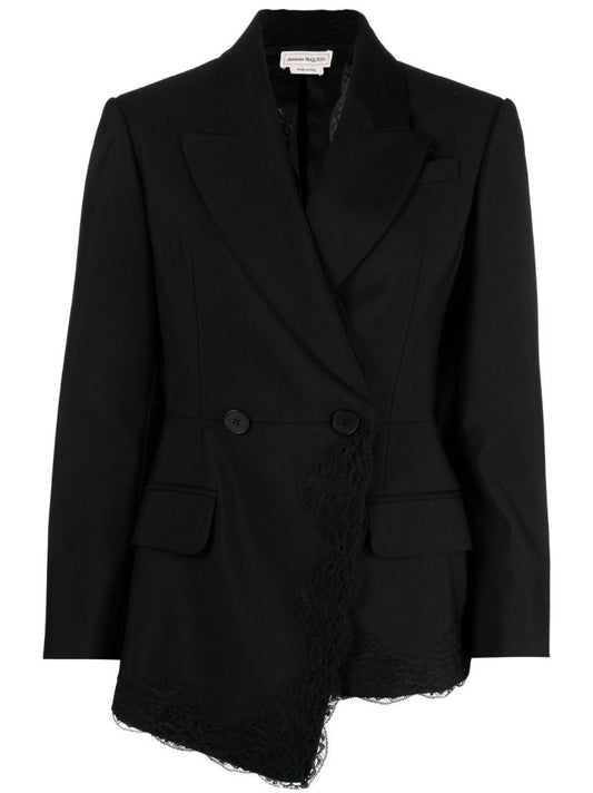 Black Double-breasted Lace Trim Wool Blazer