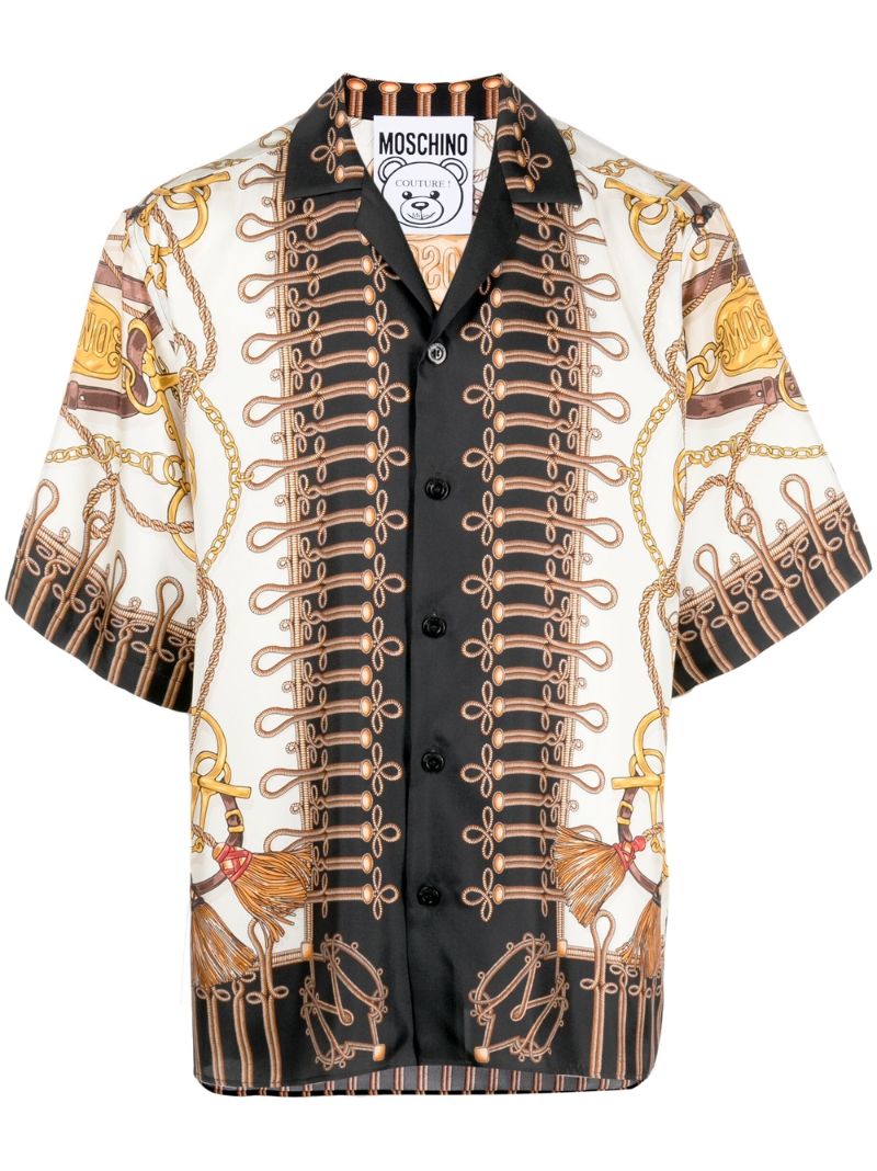 White Baroque Teddy Bear Print Silk Shirt