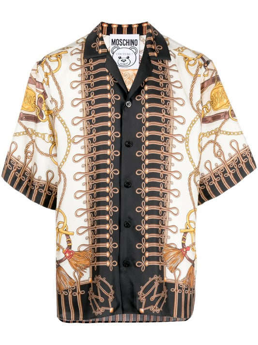 White Baroque Teddy Bear Print Silk Shirt