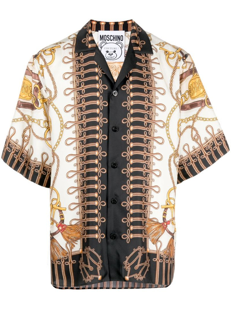 White Baroque Teddy Bear Print Silk Shirt
