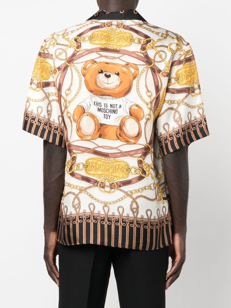 White Baroque Teddy Bear Print Silk Shirt