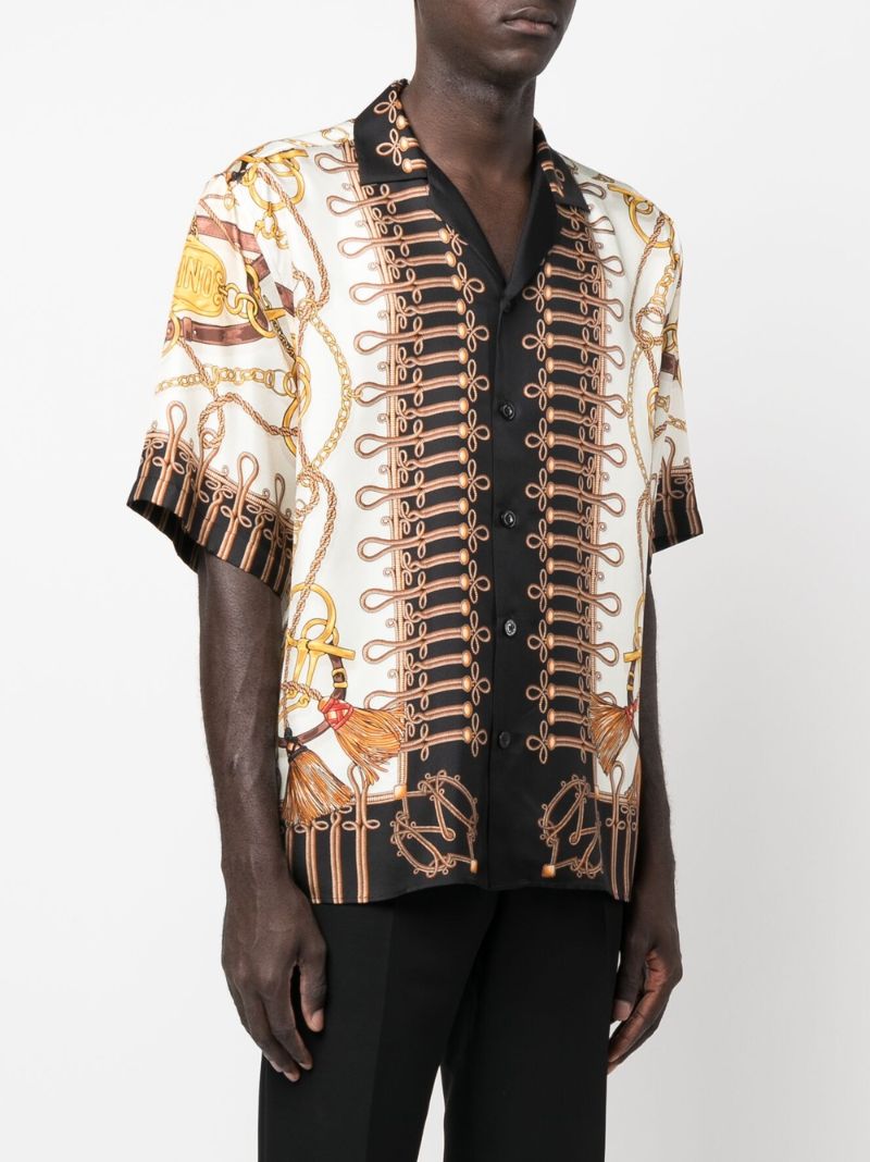 White Baroque Teddy Bear Print Silk Shirt