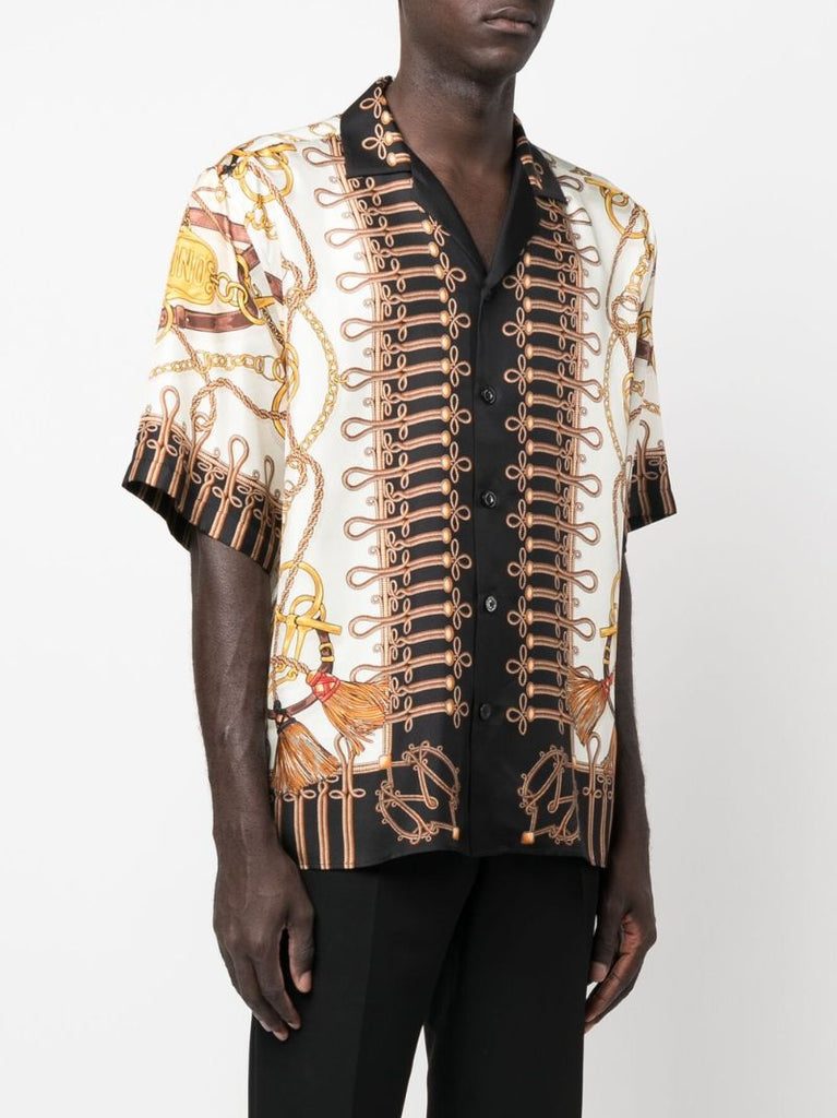 White Baroque Teddy Bear Print Silk Shirt