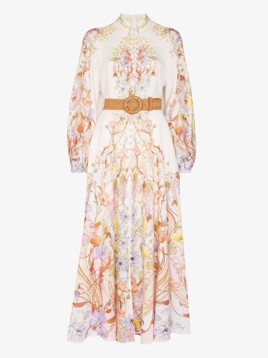 Pink Jeannie Billow Floral Print Linen Midi Dress