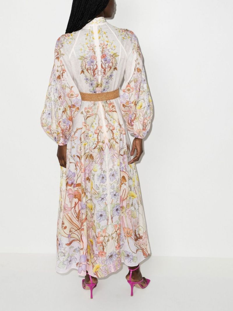 Pink Jeannie Billow Floral Print Linen Midi Dress