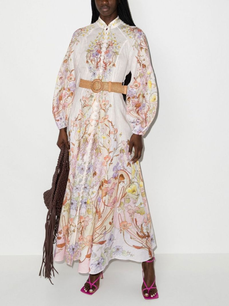 Pink Jeannie Billow Floral Print Linen Midi Dress