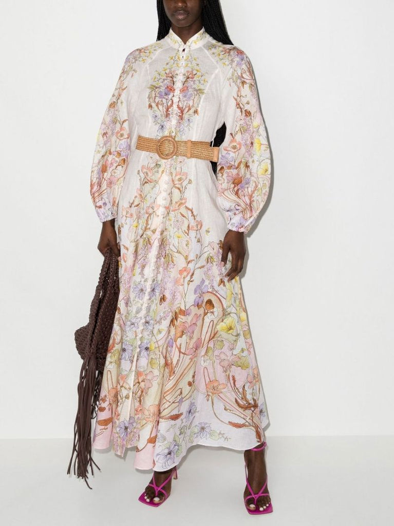 Pink Jeannie Billow Floral Print Linen Midi Dress