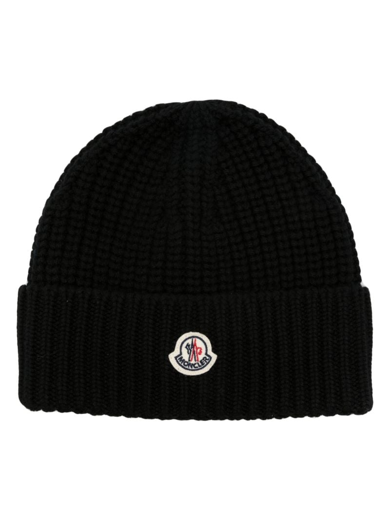 Black Logo-patch Virgin-wool Beanie Hat
