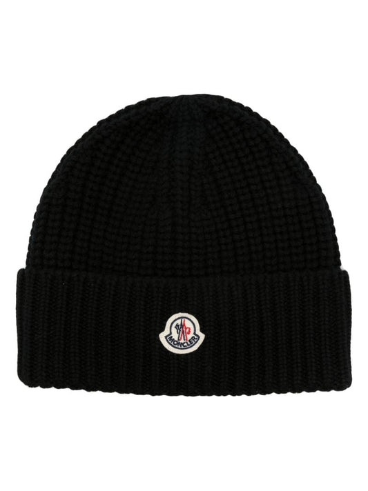 Black Logo-patch Virgin-wool Beanie Hat