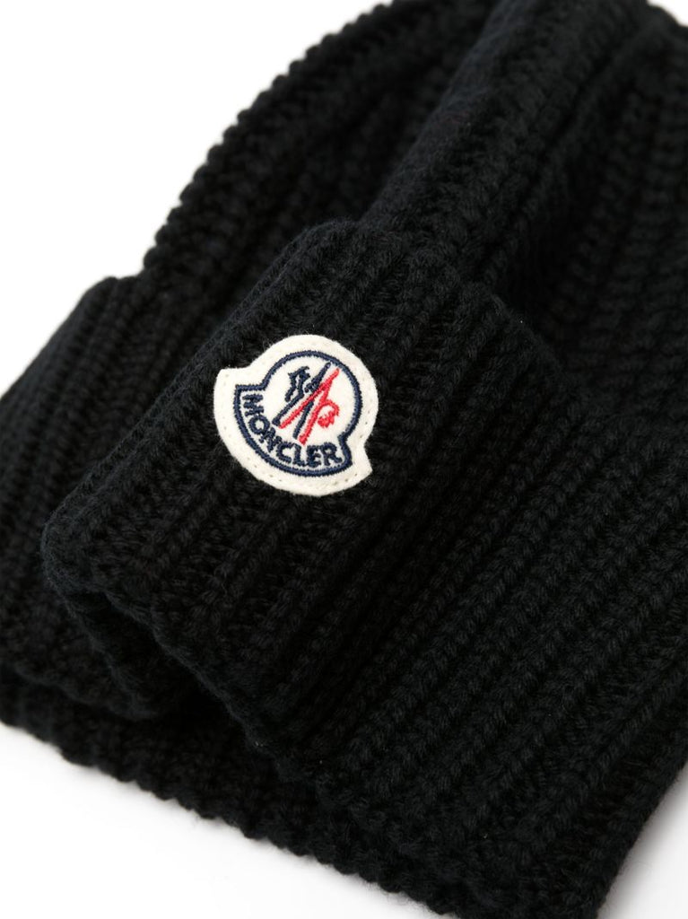 Black Logo-patch Virgin-wool Beanie Hat