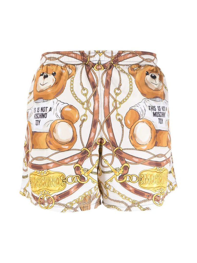 Yellow Teddy Bear Scarf Print Swim Shorts