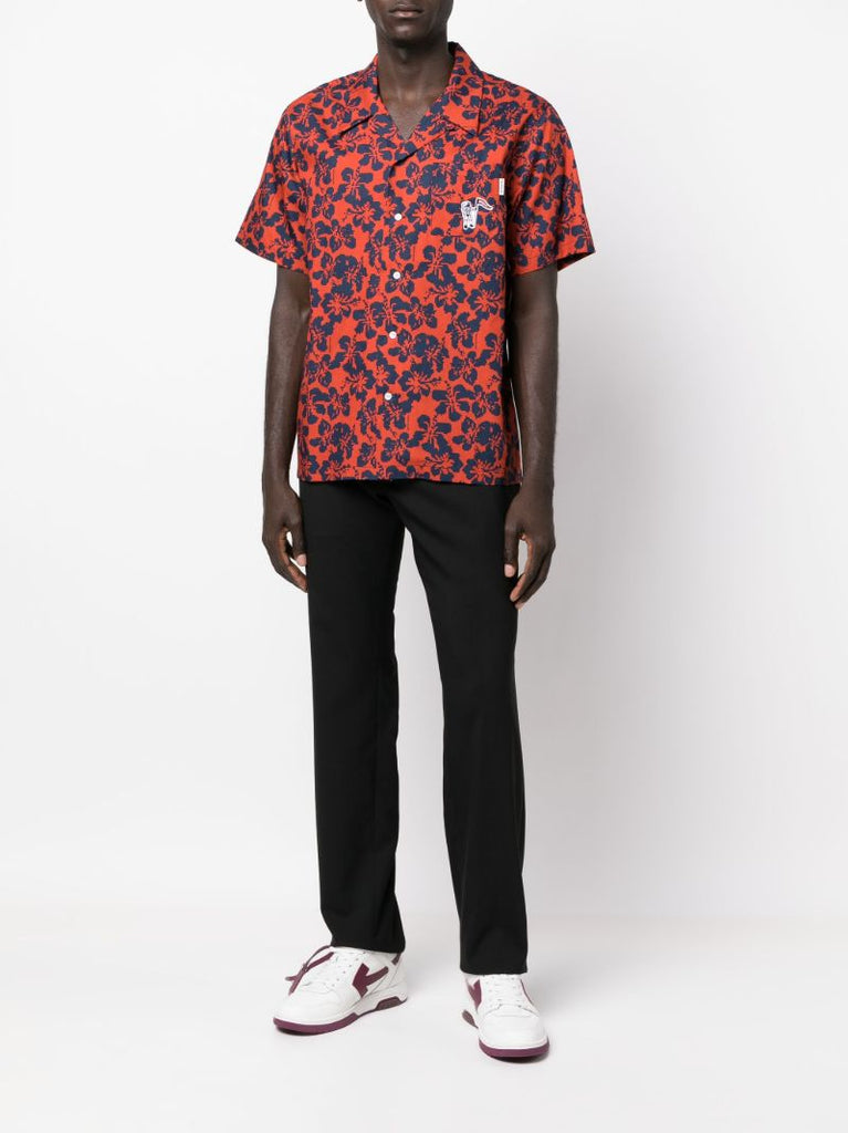 Red Hibiscus Floral Print Cotton Shirt