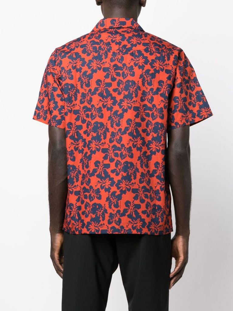 Red Hibiscus Floral Print Cotton Shirt