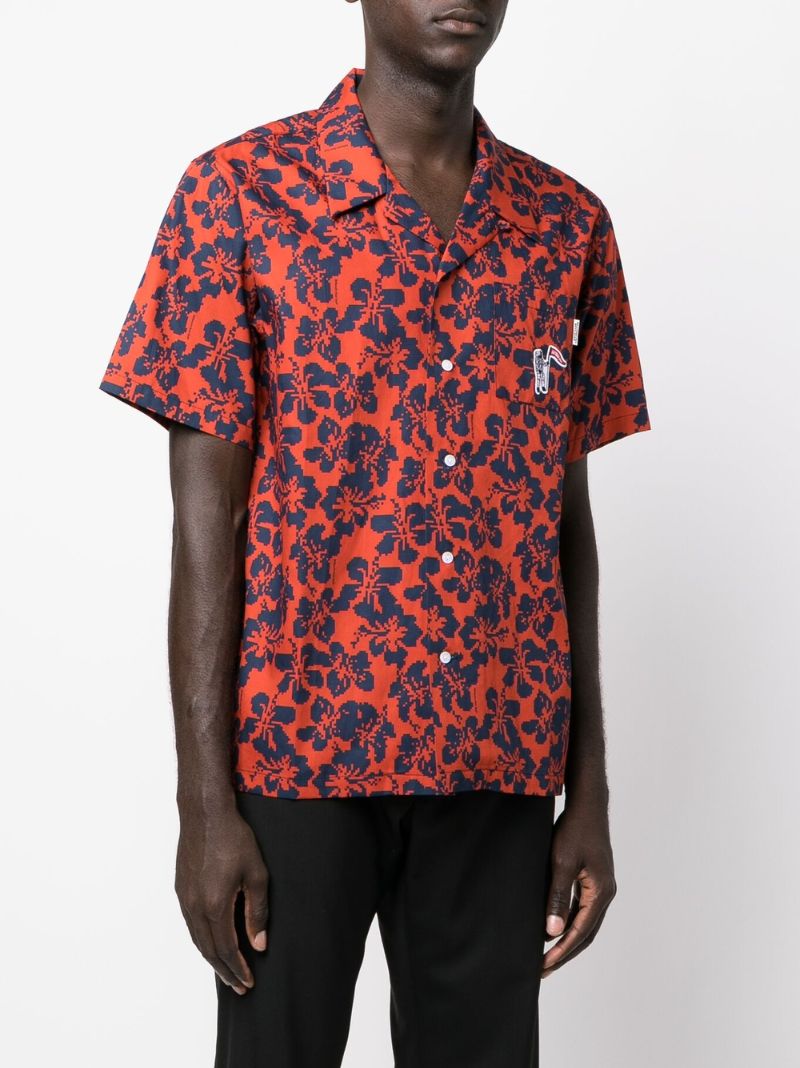 Red Hibiscus Floral Print Cotton Shirt