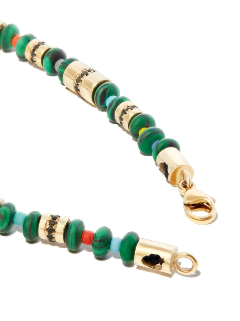 14k Yellow Gold Diamond and Malachite Beaded Bracelet