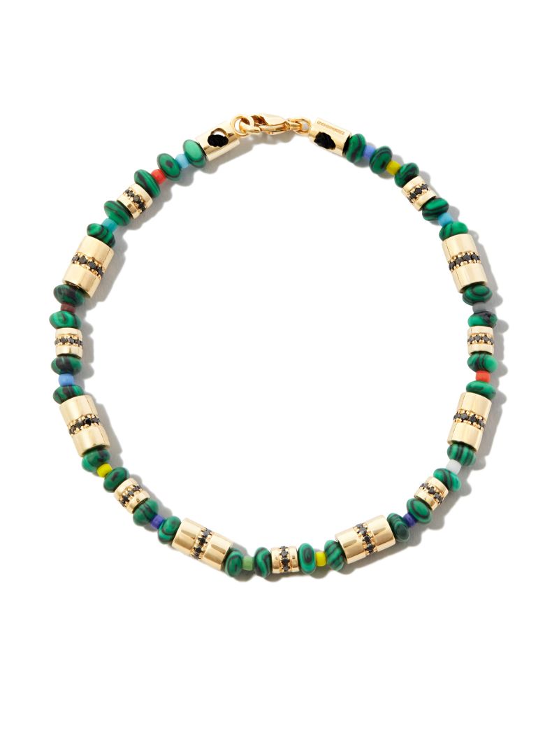 14k Yellow Gold Diamond and Malachite Beaded Bracelet