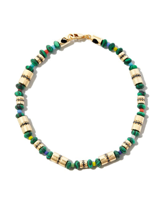 14k Yellow Gold Diamond and Malachite Beaded Bracelet