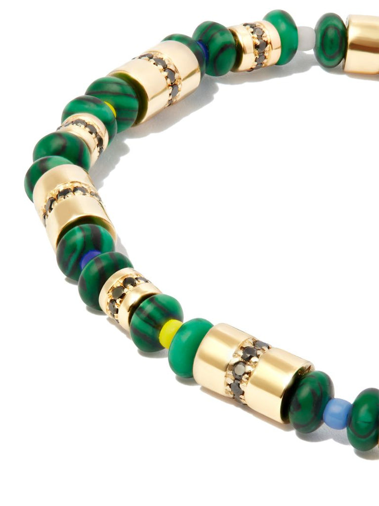 14k Yellow Gold Diamond and Malachite Beaded Bracelet